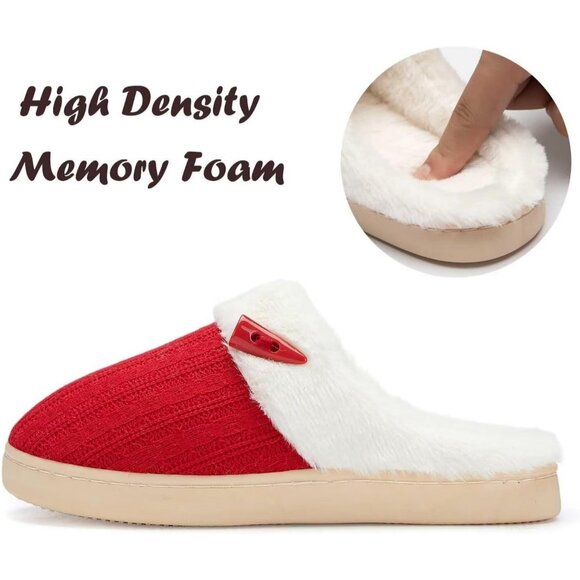 Women's Red Scuff Fur Lining Memory Warm Foam Plush Rubber Slippers Shoes - Picture 4 of 9